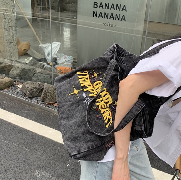 Oversized Denim Smoke Grey Embroidered  Canvas Bag Messager Bag with Zipper - Picture 10 of 13